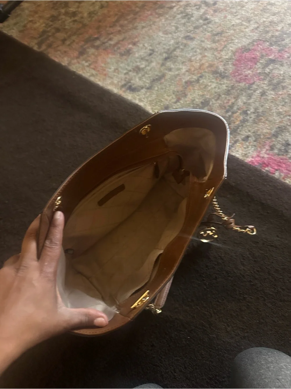 Michael Kors Tan Saffiano Leather Tote with Gold Chain Trim